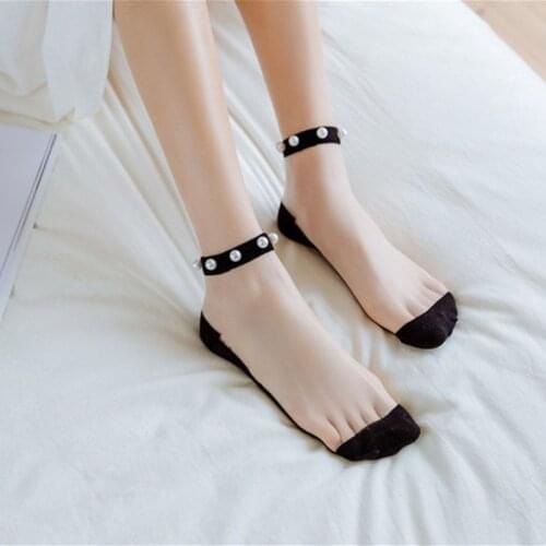 Women Gauze Pearl Socks Transparent Sweat-Absorbent Breathable Silk Cotton Bottom Short Boat Socks 36-40 Size