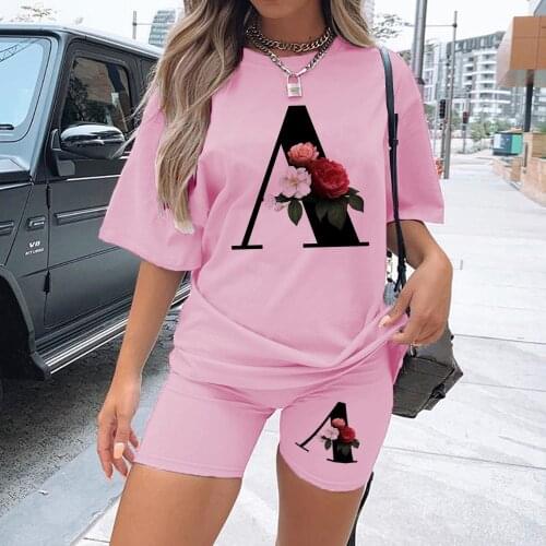 Ladies 2 pieces top and shorts sets Summer Fashion Women outfits Letter Printed vetement femme 2021 O-Neck Casual pink shirts