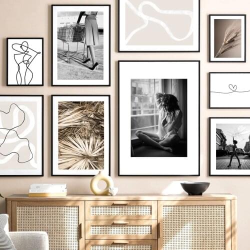 Lady Nordic Vintage Poster Banana leaf wheat Figure line Abstract Wall Art Print Canvas Painting Decor Pictures For Living Room