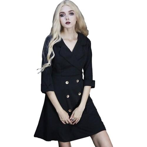 New Autumn New Womens Dresses Retro V-neck Double-breasted Dress Three Quarter Sleeves High Waist Black Windbreaker Dress