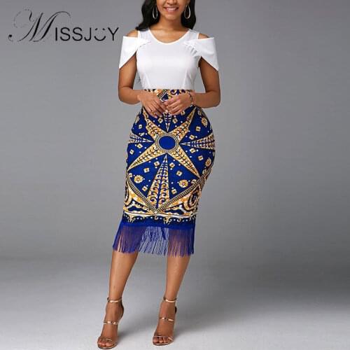 MISSJOY Womens Slim Lace Dress Set Printed Mid-Waist Small Fresh Mid-Skirt Loose Blue French Bag Hip Dress with Tassels