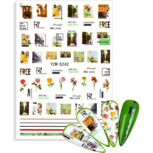 1 Sheet Back Gluw Sticker Flower Abstract Face Letter Color Nail Art Transfer Decals Tips Watermark Slider Manicure Decorations