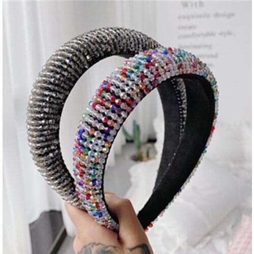 Baroque Style Luxury Crystals Beads Headband for Women Handmade Hair Jewelry Wide Head Band Thick Padded Hairband Weaving Turban