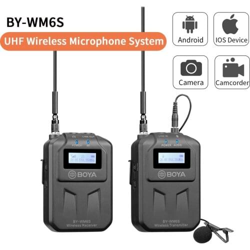 BOYA BY-WM6S UHF wireless microphone system 3.5mm output for smartphone, tablet, DSLR camera, camcorder, audio recorder