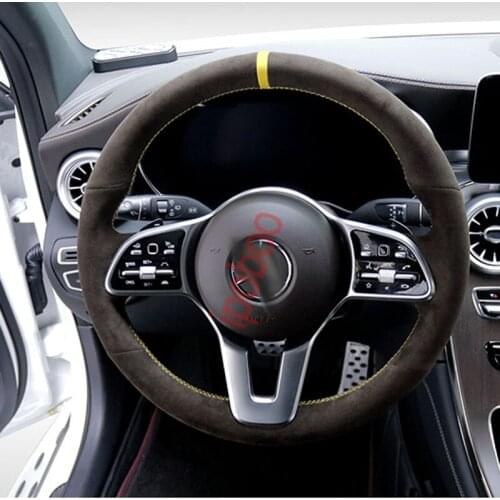 Black Suede Leather Steering Wheel Yellow Stitching Hand Sewing Wrap Cover Fit For Mercedes Benz A Class 19-20 GLC GLB 2020