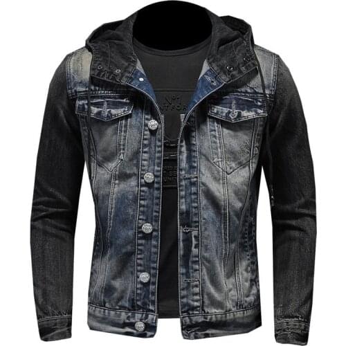 Mens slim fit denim trucker jacket outerwear with hood fashion vintage jeans coat casual cowboy outerwear tops washed blue