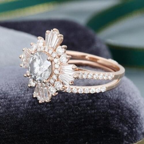 EDI Art Deco 14k Rose Gold Unique Round Cut Moissanites Engagement Ring Baguette Halo Diamond Ring Wedding Bridal Set