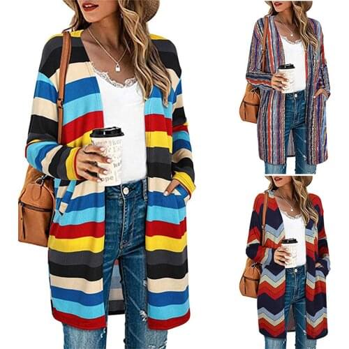 New Fashion Womens Clothes Striped Cardigan With Pockets Loose Fit Long Sleeve Front Open Tops For Spring Fall Streetwear