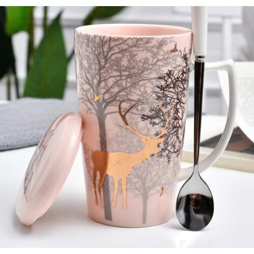 Nordic Light Luxury Fawns Mug with Cover Scoop Cute INS Pink Girl Heart Ceramic Mug Lovers Mugs Coffee Couple Cup Set Mom Mug