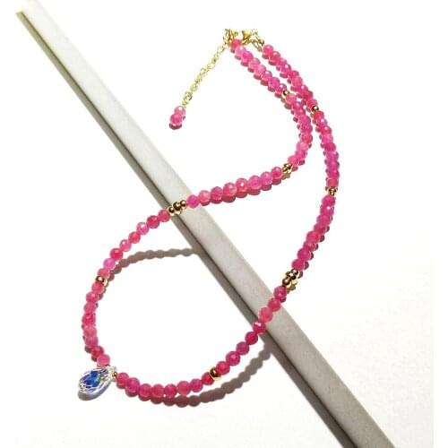 Lii Ji Pink Purple Ruby Natural Gemstone 4mm With Austrian Crystal Drop Beads Necklace 14K Gold Filled Necklace 38+4cm For Women