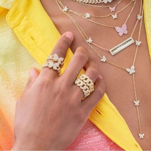 Fashion iced out bling sparking 5a cubic zirconia butterfly charm cuban link chain finger ring women charm party wedding jewelry