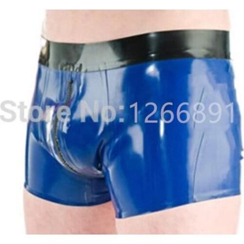 Handmade natural latex blue and black mens shorts with front zipper