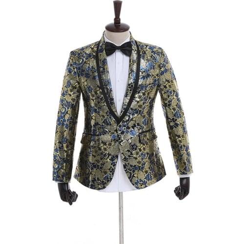 Gold Printed Blazer Slim Fit Mens Casual Jacket Velveteen Coat for Party Nightclub Costume Floral Sequins Suit for Groom