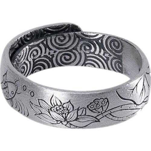 BOCAI New Real S999 Pure Silver Jewelry Retro Matte carpLotus Flower Six-character Mantra Baby Elephant 2021 Trend Woman Ring