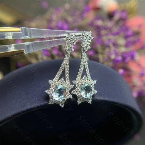 New 925 silver inlaid natural aquamarine earrings, simple and elegant, gem size 4*5mm