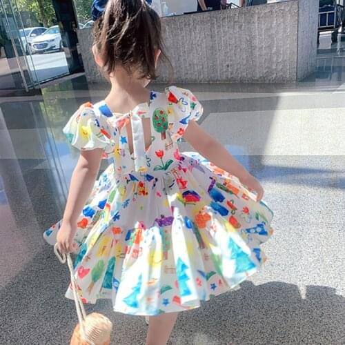 2-7T Toddler Kid Baby Girl Clothes Summer Short Sleeve Print Mini Dress Elegant Cute Sweet Ruffles Tutu Dress Infant Outfit