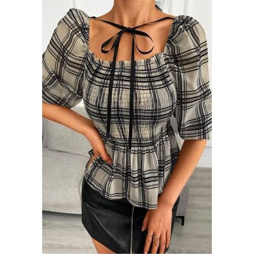 Plaid Shirring Square Neck Collar Puffed Short Sleeve Top with Tie Detail Draped Womens Tees Farmhouse Style
