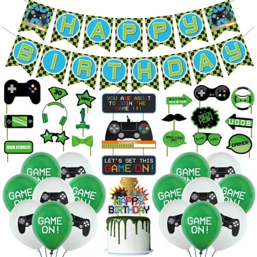 Pixel Style Game Theme Happy Birthday Party Supplies, Including Decorative Banners, Balloons And Photo Props, Etc