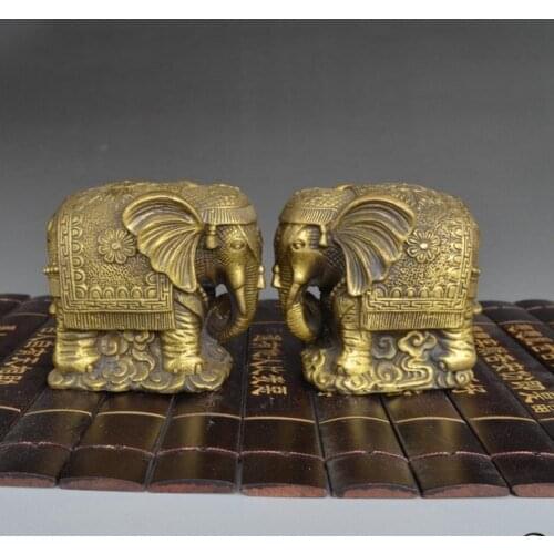 Rare Chinese Brass Fengshui Folk Animal Elephant Lucky Auspicious Statue Pair