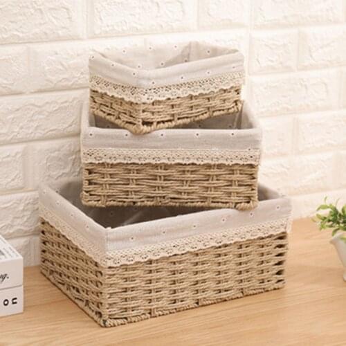 3 Sizes Handmade Rattan Storage Baskets Household Fabric Sundrie Snacks Removable Washable Liner Desktop Storage Organizer