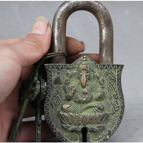 SCY Old Tibet Buddhism Bronze Ganapati Ganesh Lord Buddha Statue Door lock 2 key