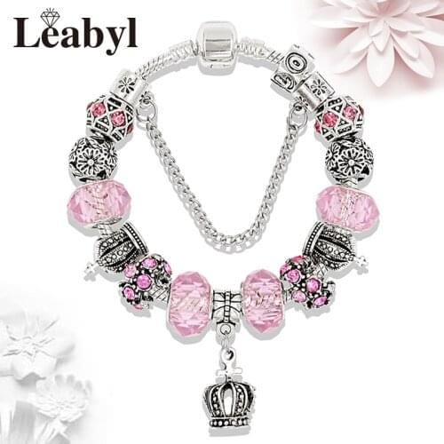 Silver Color Crown Diy Jewelry Bead Bacelets & Bangles Pink Blue Crystal Women Bead Bracelet Jewelry Gift