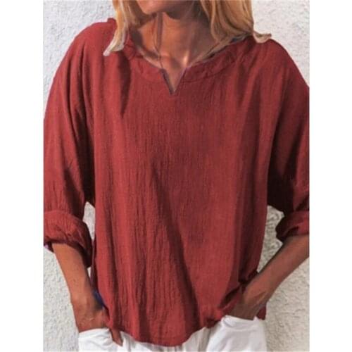 Traditional Chinese Tops for Women Retro V Neck Long Sleeve Shirts Plus Size Solid Color Casual Loose Fashion Costumes