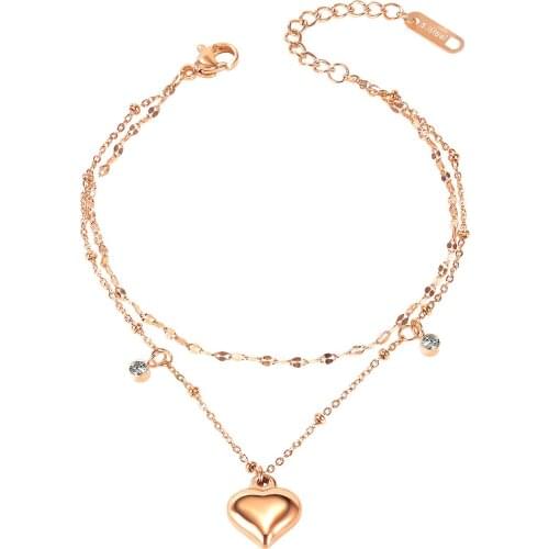 Trendy Heart Rose Gold Zircon Stainless Steel Womens Anklet Multilayer Leg Chain Foot Bracelet Jewelry Beach Accessories Anklet