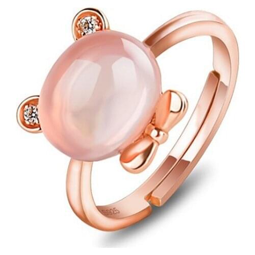 FYJS Unique Rose Gold Color Natural Rose Pink Quartz Little Bear Resizable Ring Temperament Jewelry