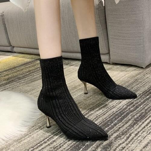 Womens High-heeled Boots, Fashionable Stretchy Mid-calf Boots, Pointed Stilettos Shoes