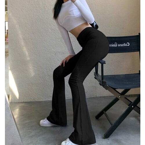Women Sexy Close-fitting Flared Pants, Solid Color High Waist Trousers, Black/ Green/ Blue/ Coffee