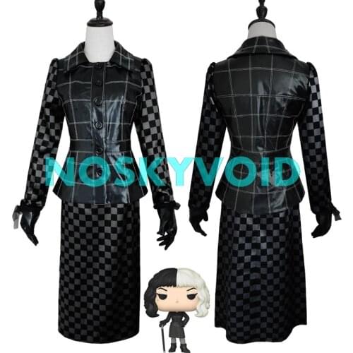Cruella Cosplay Costumes Cruella De Vil Wig Womens Faux Leather Skirts Movie Costume Set Halloween Performance Dress