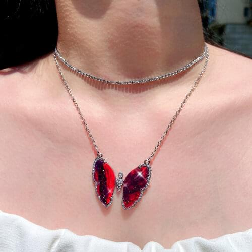 Flatfoosie Shiny Crystal Butterfly Pendant Necklace Women Multilayer Silver Color Metal Necklace Fashion New Design Jewelry Gift