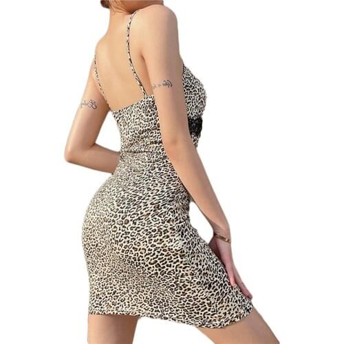 Women’s 2021 Sexy Suspender Short Dress Fashion Leopard Lace Trim V-neck Mid Waist Tight Dress