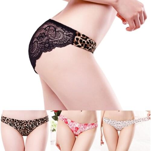 10-color Ice Silk Printed Seamless Leopard-print Panties Womens Lace Thong Low-waist Triangle Perspective Cotton Stitching New