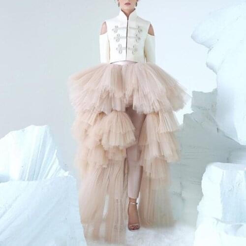 Hi Low Tulle Long Skirt High Waist Chic Tiered Tulle Tutu Formal Prom Skirt Asymmetrical Ruffle Puffy Women Party Skirt Custom