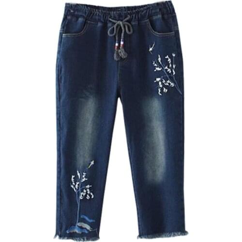 Oversize Women Jeans New Embroidery Tassel Elastic High Waist Pants Summer Stretch Denim Cropped Trousers Female Casual Pants