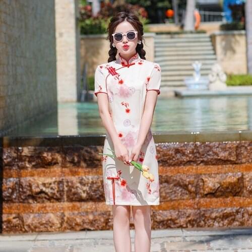 Summer Sexy Chinese Style Womens Mandarin Collar Satin Qipao Handmade Button Mini Cheongsam Slim Party Dresses