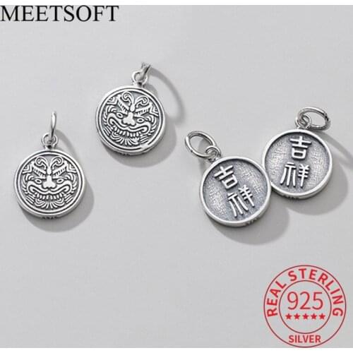 MEETSOFT Vintage 925 Sterling Silver Round dragon auspicious Charms of DIY Handmade Fine Jewelry Necklace Bracelect Accessory
