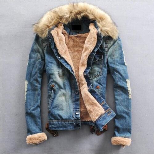 S-4xl Autumn And Winter New Fur Collar Plus Velvet Thick Denim Jacket Mens Tide Fashion Denim Jacket Couple Denim Clothing Coat