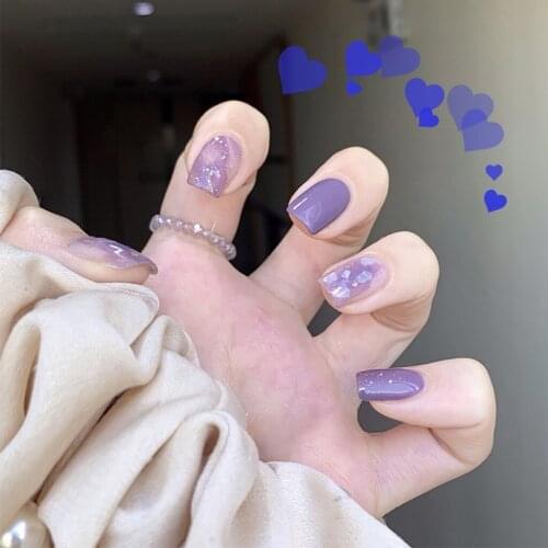 24pcs Short Fake Nails French Purple Sequin Design Artificial False Nails With Glue Press On Nails DIY Nail Art Manicure Tools