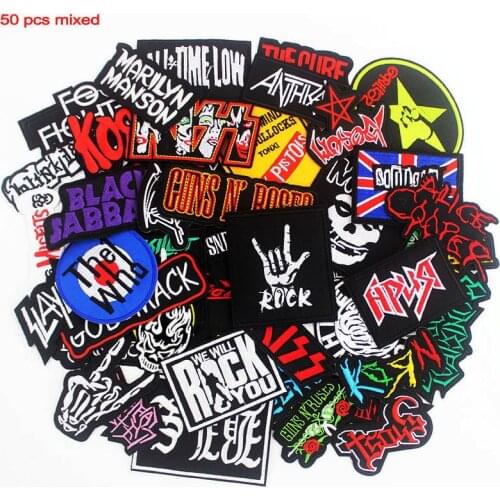 50 pcs a lot Mixed Cloth Patches Iron on Band Rock Music Badges Punk Embroidered Stickers for Jacket Sewing DIY Appliques