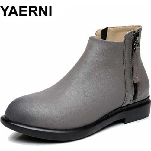 YAERNI New 2019 Fashion Autumn Winter Boots Women Classic Zip Ankle Boots Warm Plush Genuine Leather Mar Boots Women Shoes