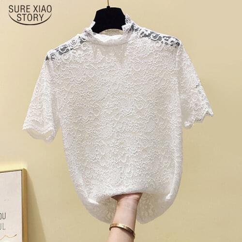 Solid Summer 2021 Womens Tops and Blouses Korean Short Sleeve Lace Shirt Slim Lace Patchwork Clothes Blusas 9186 50