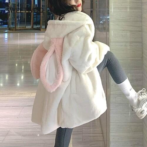 Autumn Winter Gothic Harajuku Couple Hoodies Cute Rabbit Ears Black Hooded Outwear Women Sweet Korean Loose Warm Plush Coats