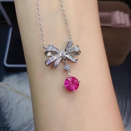 Fashion cute bowknot round Natural pink topaz Necklace natural gemstone Pendant Necklace S925 silver girl party gift Jewelry