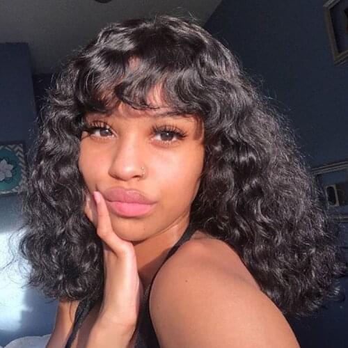KinkyCurly Human Hair Wig For Black Women Brazilian Remy Hair Full Machine Wig With Bangs PrePlucked Natural Black 150% Density