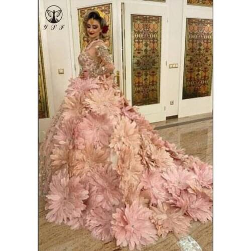 Luxury Evening Dresses Scoop Appliqued Beaded Long Sleeve Feahter Ball Gown Vestidos De Fiesta