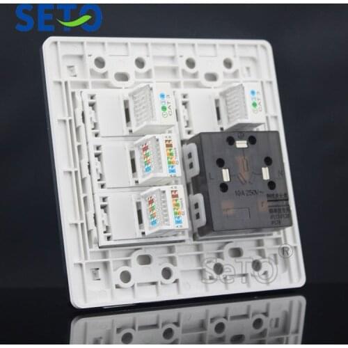 SeTo 120 Type Three Hole Power Socket + Dual Cat5e Network + Dual Cat3 Tel Outlet Wall Plate Keystone Faceplate