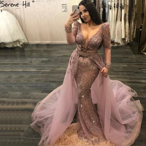 Blue Dubai Luxury Sequined Sparkle Evening Dresses 2020 Long Sleeve Beading Evening Gowns Serene Hill Plus Size BLA60858